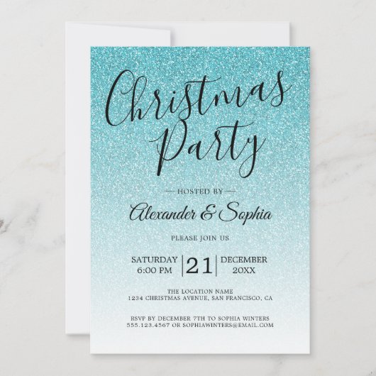 Chic Script Blue Glitzer Ombre Party Einladung (Vorderseite)