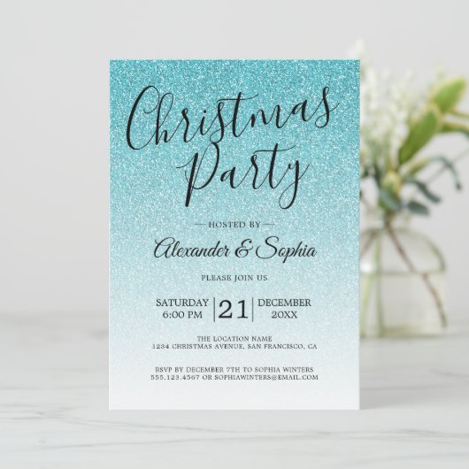 Chic Script Blue Glitzer Ombre Party Einladung (Stehend Vorderseite)