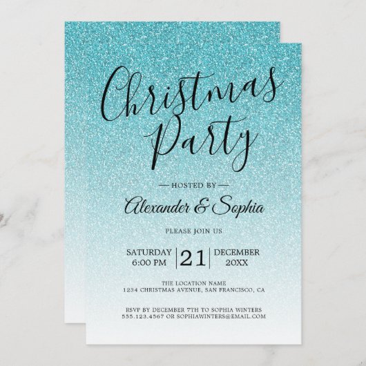 Chic Script Blue Glitzer Ombre Party Einladung (Vorne/Hinten)