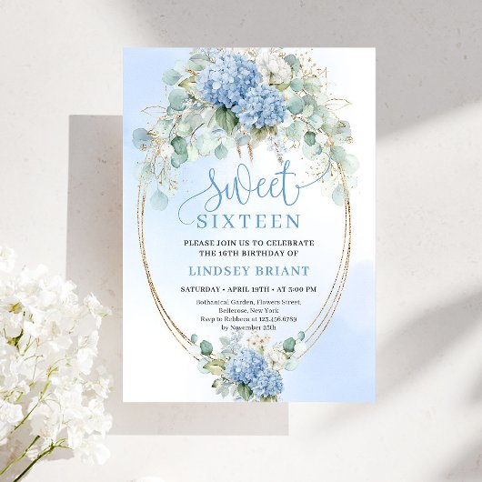 Chic Script Blue Hydrangea Gold Sweet Sixteen Einladung