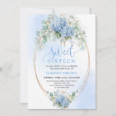 Chic Script Blue Hydrangea Gold Sweet Sixteen Einladung (Vorderseite)