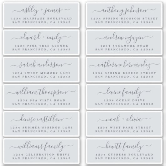 Chic Script Blue Wedding Guest Address Labels (Vorderseite)