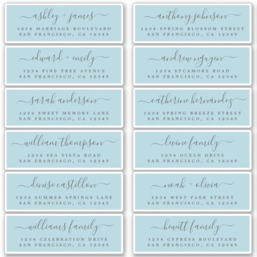 Chic Script Blue Wedding Guest Address Labels (Vorderseite)