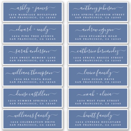 Chic Script Blue Wedding Guest Address Labels (Vorderseite)