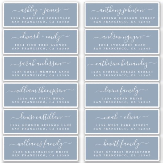 Chic Script Blue Wedding Guest Address Labels (Vorderseite)