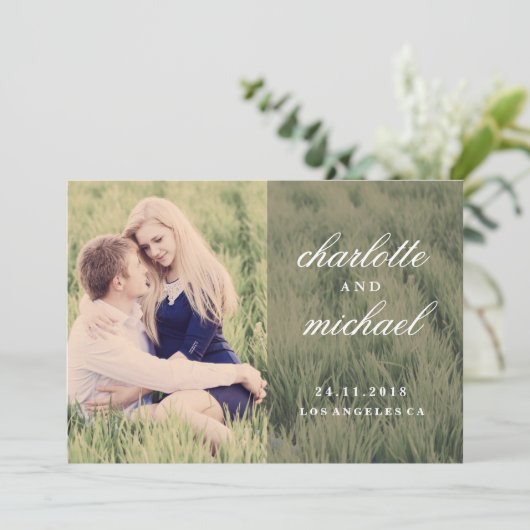 Chic Script Boho Foto Save the Date (Stehend Vorderseite)