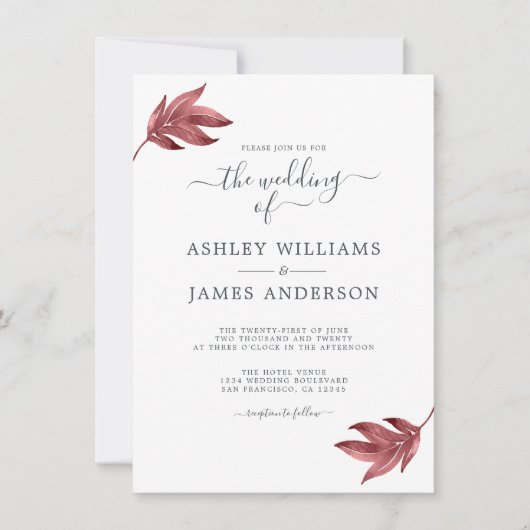 Chic Script Burgundy Leaf Minimal Wedding Einladung (Vorderseite)