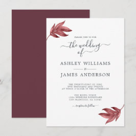 Chic Script Burgundy Leaf Minimal Wedding Einladung