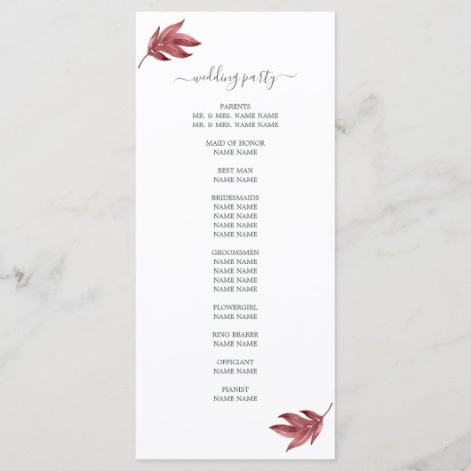 Chic Script Burgundy Leaf Minimal Wedding Programm (Rückseite)