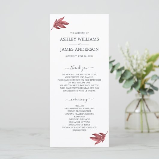 Chic Script Burgundy Leaf Minimal Wedding Programm (Stehend Vorderseite)
