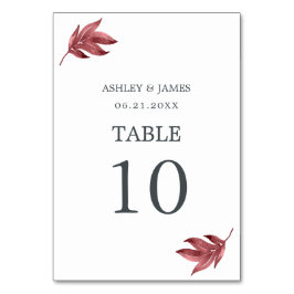 Chic Script Burgundy Leaf Minimal Wedding Tischnummer