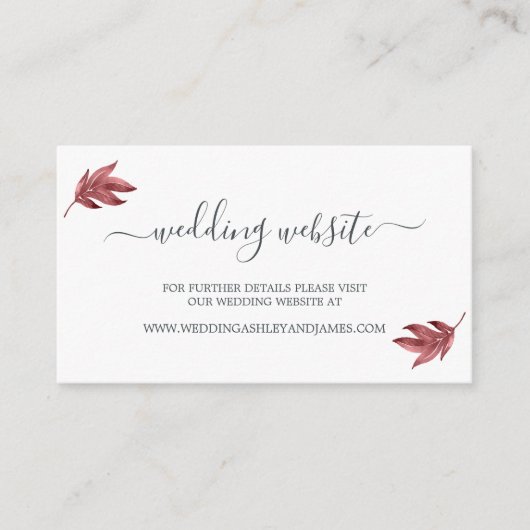 Chic Script Burgundy Leaf Wedding Website Begleitkarte (Vorderseite)