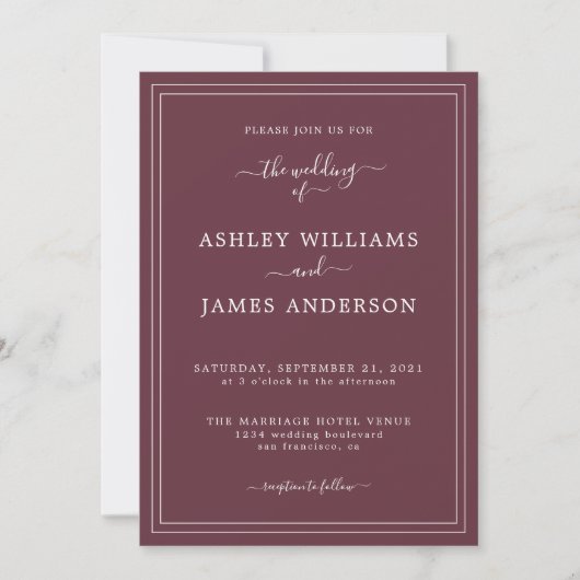 Chic Script Burgundy Wedding Einladung (Vorderseite)