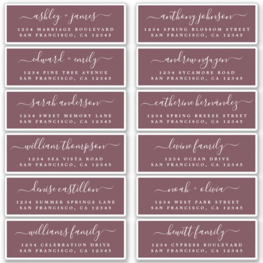 Chic Script Burgundy Wedding Guest Address Labels (Vorderseite)