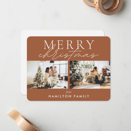 Chic Script Calligrafie Frohe Weihnachten Zwei Fot Mitteilungskarte (Vorderseite/Rückseite Beispiel)