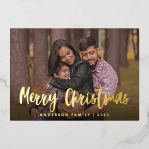 Chic Script Calligraphy Family Foto Weihnachten Folien Feiertagskarte