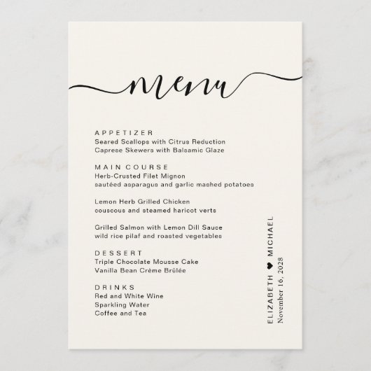 Chic Script Cream Wedding Reception Menükarte (Vorderseite)