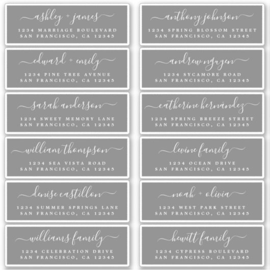 Chic Script Dark Gray Wedding Guest Address Labels (Vorderseite)
