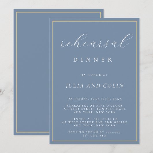 Chic Script Dusty Blue Probe Dinner Einladung (Vorne/Hinten)