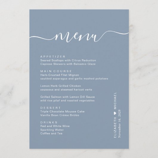 Chic Script Dusty Blue Wedding Reception Menükarte (Vorderseite)