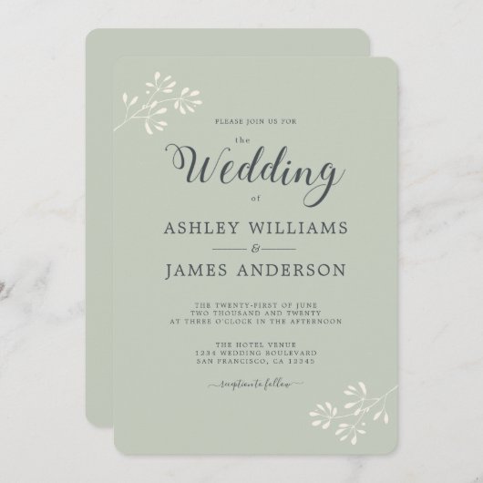 Chic Script Elfenbein Foliage Pastel Grüne Hochzei Einladung (Vorne/Hinten)