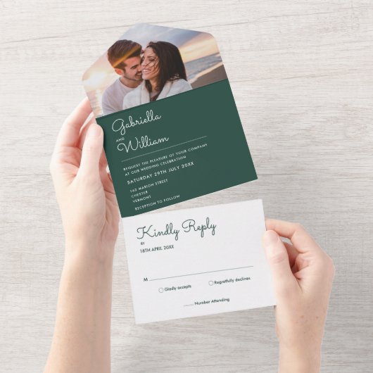 Chic Script Emerald Green Monogram Foto Wedding All In One Einladung (Abreißen)