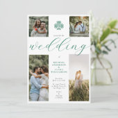Chic Script Emerald Irish Cross 4 Foto Wedding Einladung (Stehend Vorderseite)