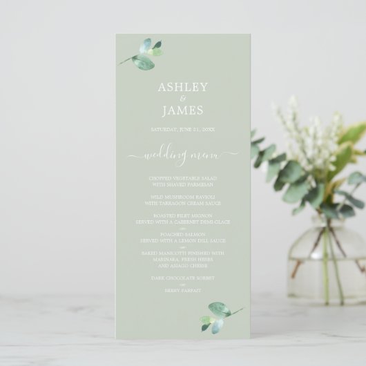 Chic Script Eucalyptus Foliage Green Wedding Menükarte (Stehend Vorderseite)