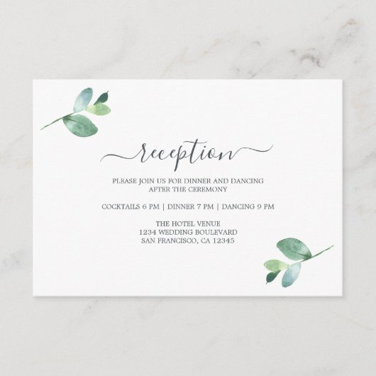 Chic Script Eucalyptus Foliage Hochzeitempfang Begleitkarte (Vorderseite)