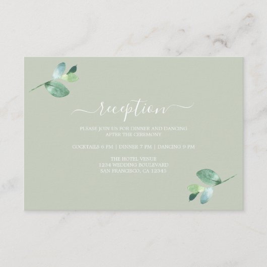 Chic Script Eucalyptus Foliage Hochzeitempfang Begleitkarte (Vorderseite)