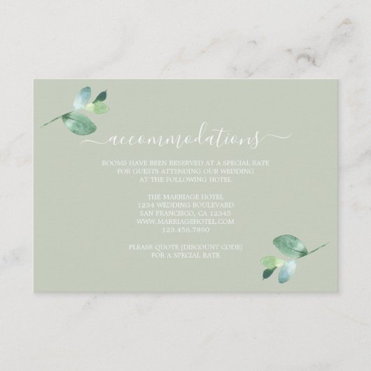 Chic Script Eucalyptus Foliage Hochzeitsinformatio Begleitkarte (Vorderseite)
