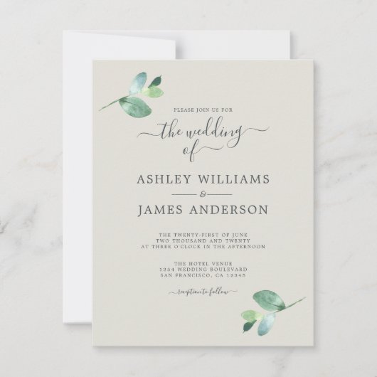 Chic Script Eucalyptus Foliage Minimale Hochzeit Einladung (Vorderseite)