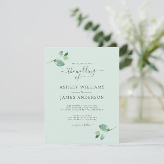 Chic Script Eucalyptus Foliage Minimale Hochzeit Einladung (Stehend Vorderseite)