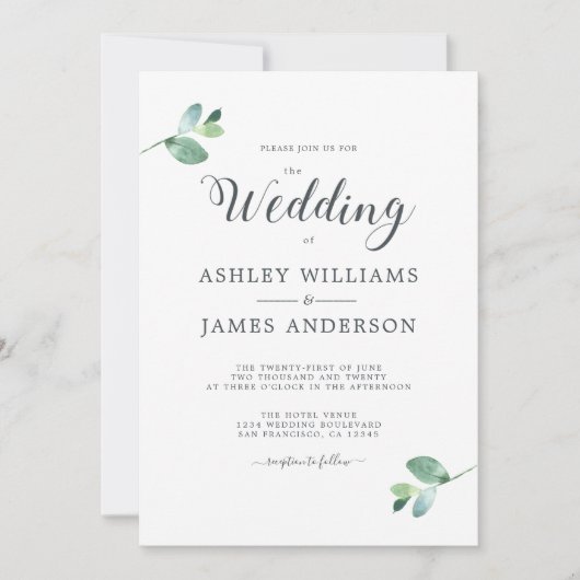 Chic Script Eucalyptus Foliage Minimale Hochzeit Einladung (Vorderseite)