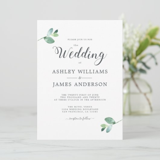 Chic Script Eucalyptus Foliage Minimale Hochzeit Einladung (Stehend Vorderseite)