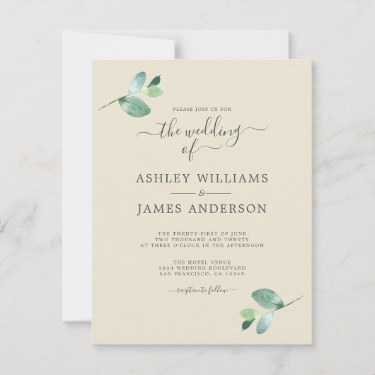 Chic Script Eucalyptus Foliage Minimale Hochzeit Einladung (Vorderseite)