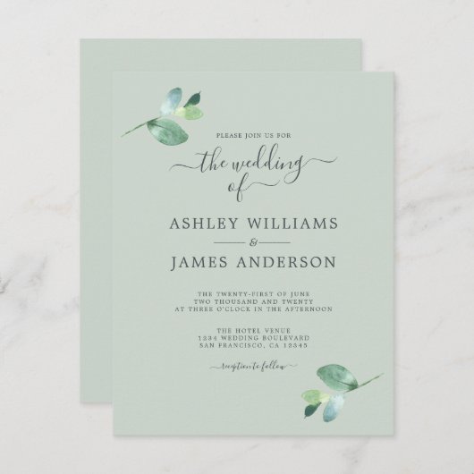 Chic Script Eucalyptus Foliage Minimale Hochzeit Einladung (Vorne/Hinten)