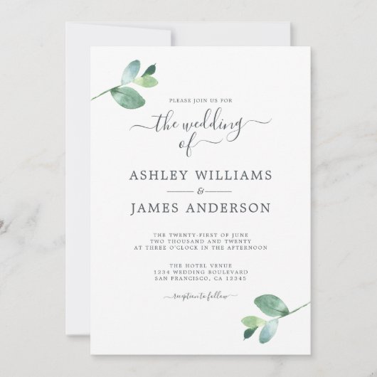 Chic Script Eucalyptus Foliage Minimale Hochzeit Einladung (Vorderseite)
