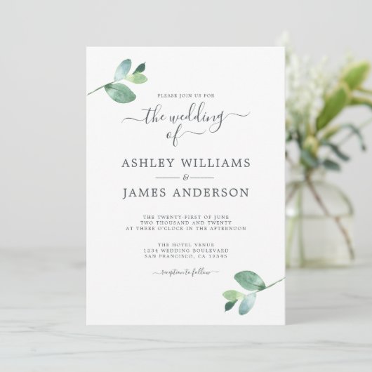 Chic Script Eucalyptus Foliage Minimale Hochzeit Einladung (Stehend Vorderseite)