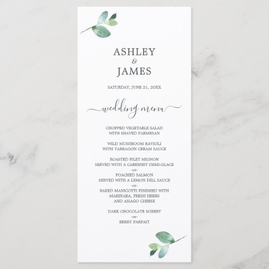 Chic Script Eucalyptus Foliage Minimale Hochzeit Menükarte (Vorderseite)