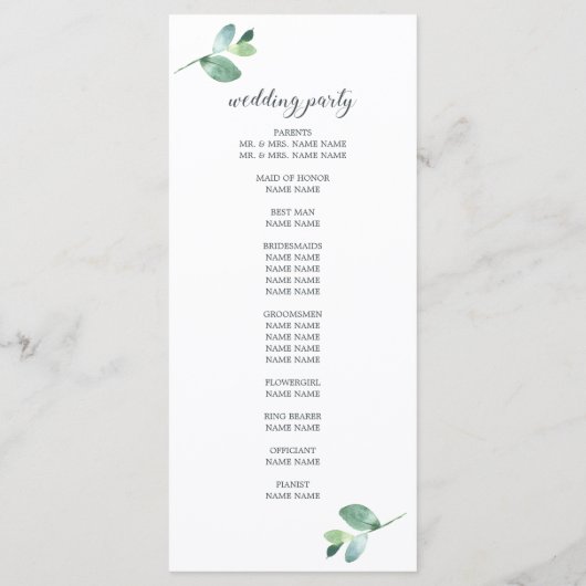 Chic Script Eucalyptus Foliage Minimale Hochzeit Programm (Rückseite)
