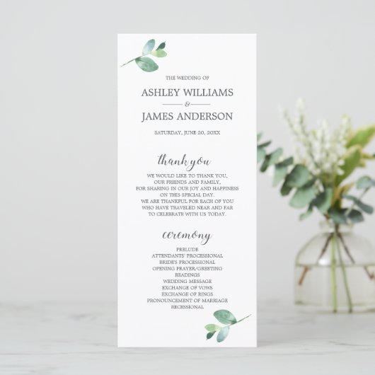 Chic Script Eucalyptus Foliage Minimale Hochzeit Programm (Stehend Vorderseite)