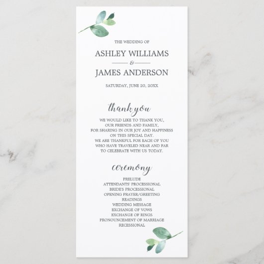 Chic Script Eucalyptus Foliage Minimale Hochzeit Programm (Vorderseite)