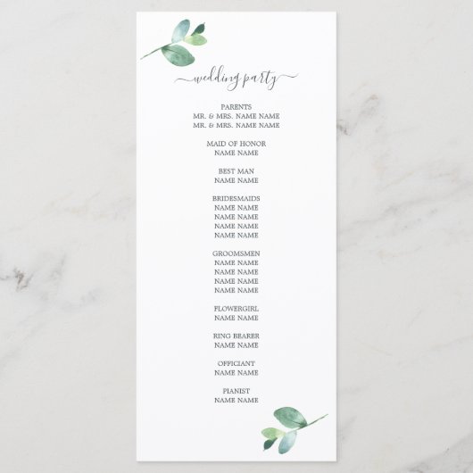 Chic Script Eucalyptus Foliage Minimale Hochzeit Programm (Rückseite)
