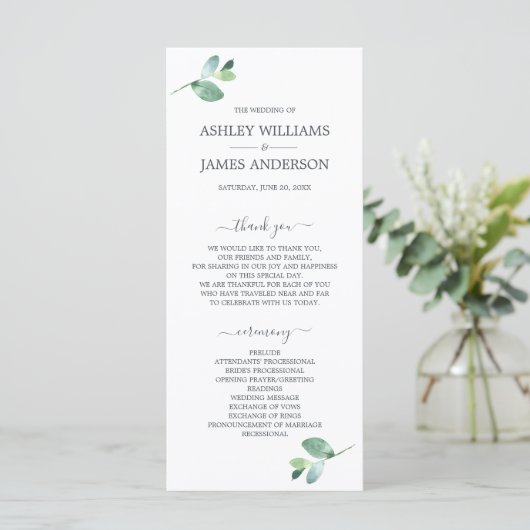 Chic Script Eucalyptus Foliage Minimale Hochzeit Programm (Stehend Vorderseite)