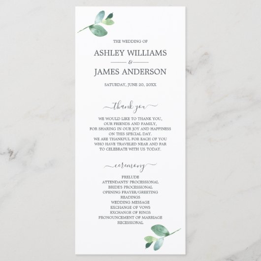 Chic Script Eucalyptus Foliage Minimale Hochzeit Programm (Vorderseite)