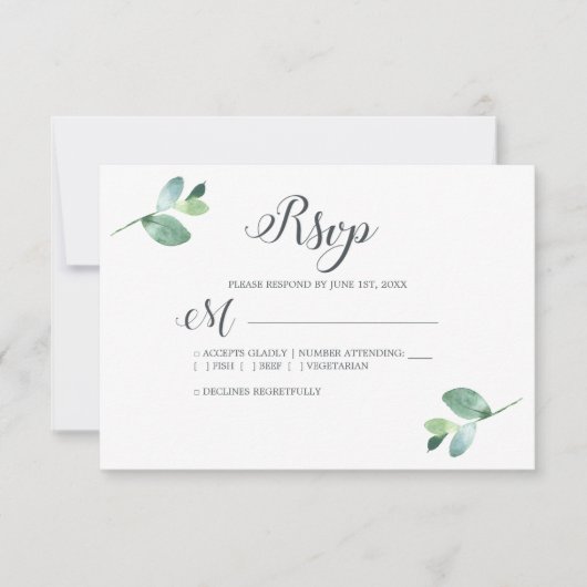 Chic Script Eucalyptus Foliage Minimale Hochzeit RSVP Karte (Vorderseite)