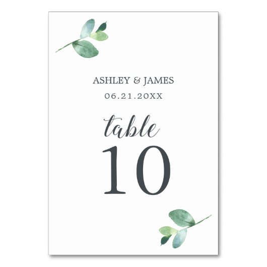 Chic Script Eucalyptus Foliage Minimale Hochzeit Tischnummer (Vorderseite)