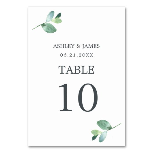Chic Script Eucalyptus Foliage Minimale Hochzeit Tischnummer (Rückseite)