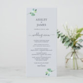 Chic Script Eucalyptus Foliage Pastel Blue Wedding Menükarte (Stehend Vorderseite)